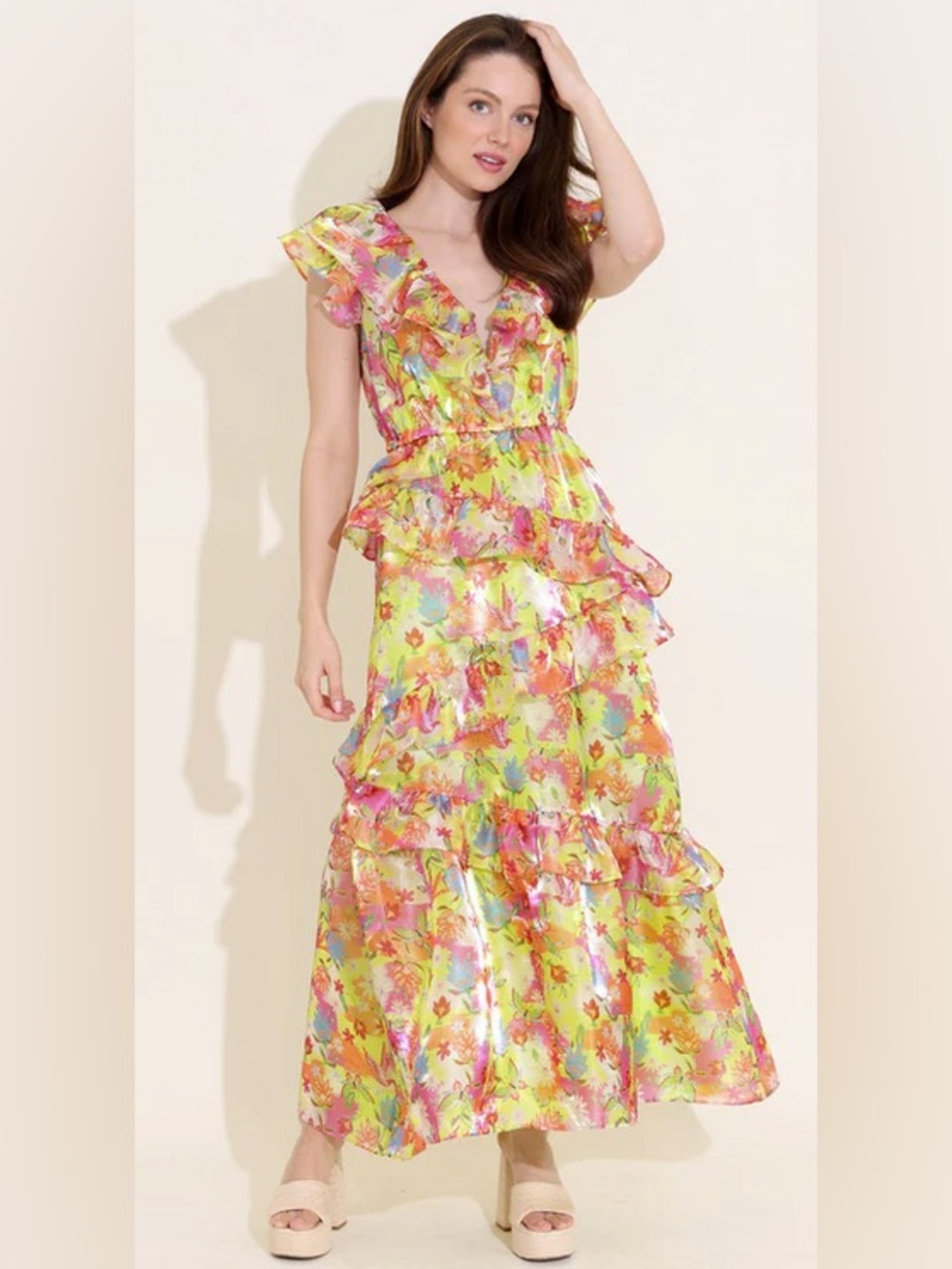 Alden Adair “Avery” Floral Ruffle Tiered Maxi Dress in Eden